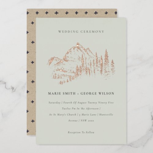 Saga Green Rose Gold Mountain Pine Sketch Wedding Foil Invitation