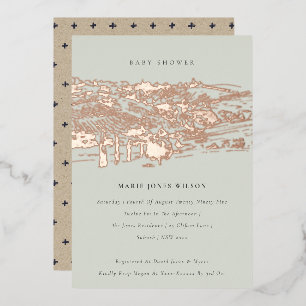 Saga Green Rose Gold Winery Sketch Baby Shower Foil Invitation