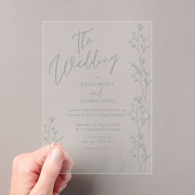 Saga green script trendy wedding  acrylic invitations (Insitu (Handheld))