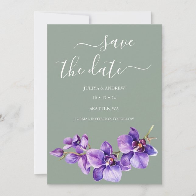 Saga green with Orchid flower unique wedding  Save The Date (Front)
