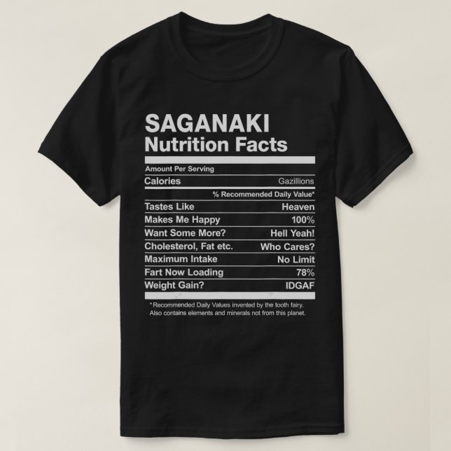 Saganaki Nutrition Facts Funny Graphic  T-Shirt (Design Front)