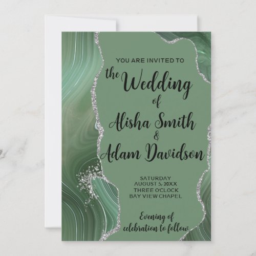 Sage Agate  Silver Glitter Wedding Invitation