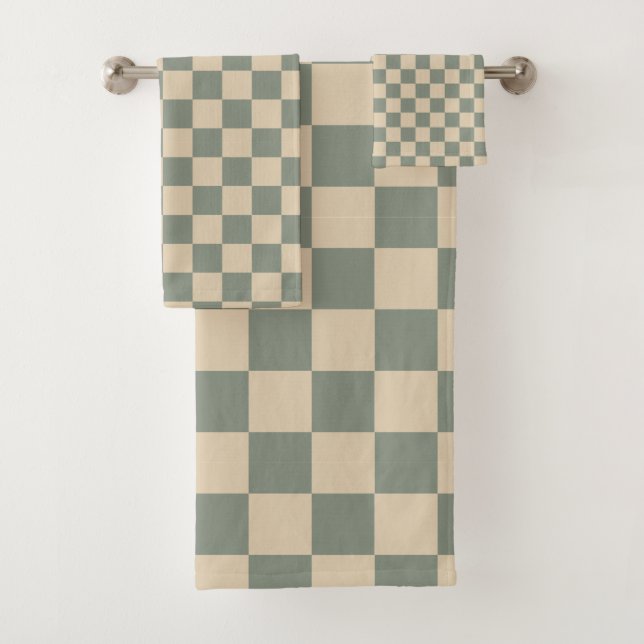 Sage Almond Checkered Bath Towel Set (Insitu)