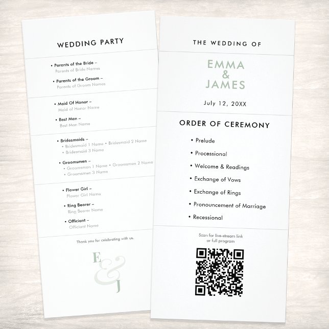 Sage Ampersand Wedding | Program | QR Code (A Sage green minimalist wedding program featuring clean typography, signature ampersand and QR code.)
