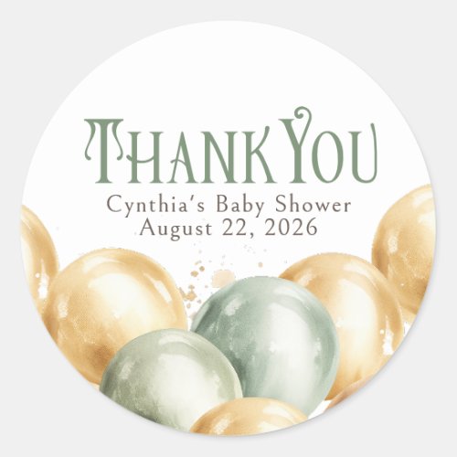 Sage and Beige Gold Balloons Thank You Classic Round Sticker