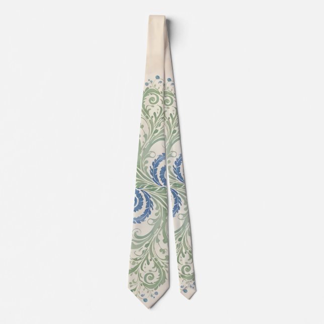Sage and Blue Organic Leafy Paisley Swirls Neck Tie (Front)