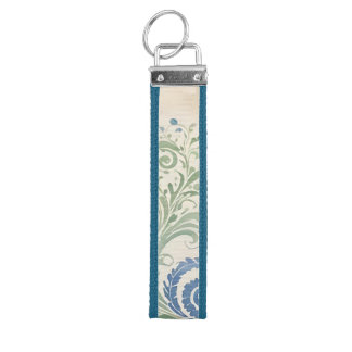 Sage and Blue Organic Leafy Paisley Swirls Wrist Keychain