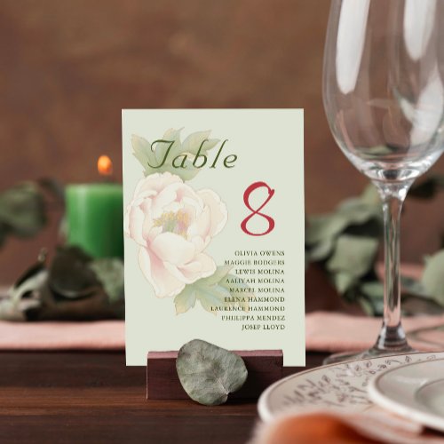 Sage and Blush Peony Floral Seating Chart Table Number