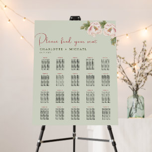 Sage and Blush Peony Floral Wedding Seating Chart Foam Board
