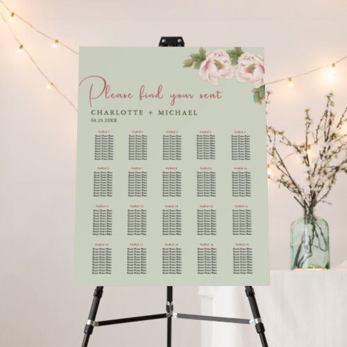 Sage and Blush Peony Floral Wedding Seating Chart Foam Board