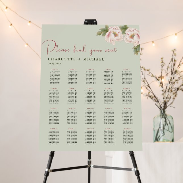 Sage and Blush Peony Floral Wedding Seating Chart Foam Board (In Situ (Stand))