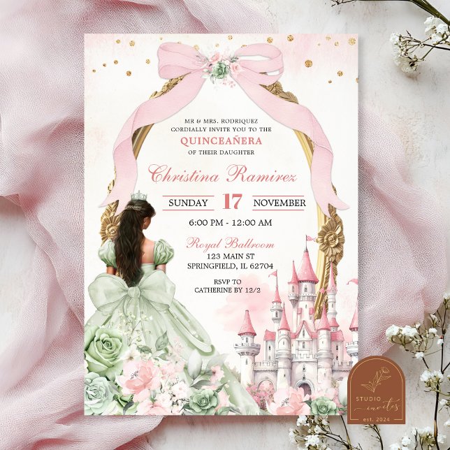Sage and Blush Pink Coquette Bow Fairytale Castle Invitation (Creator Uploaded)