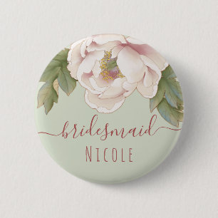 Sage and Blush Pink Peony Floral Bridesmaid  Button