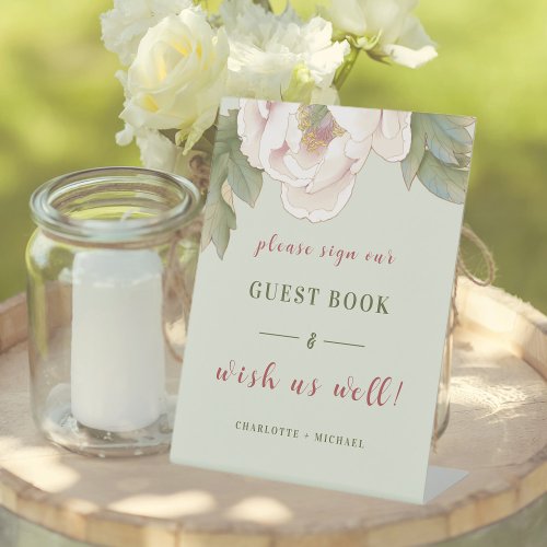 Sage and Blush Pink Peony Wedding Guestbook  Pedestal Sign