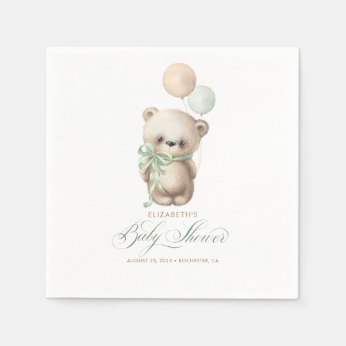 Sage and Brown Teddy Bear Baby Shower Napkins