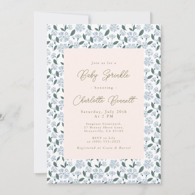 Sage and Dusty Blue Bloom Floral Baby Sprinkle Invitation (Front)