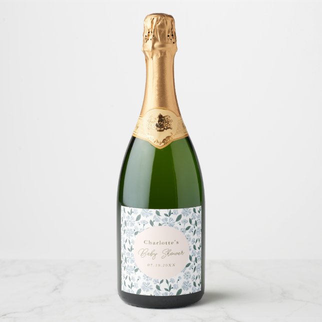 Sage and Dusty Blue Floral Baby Shower Custom Sparkling Wine Label (Front)