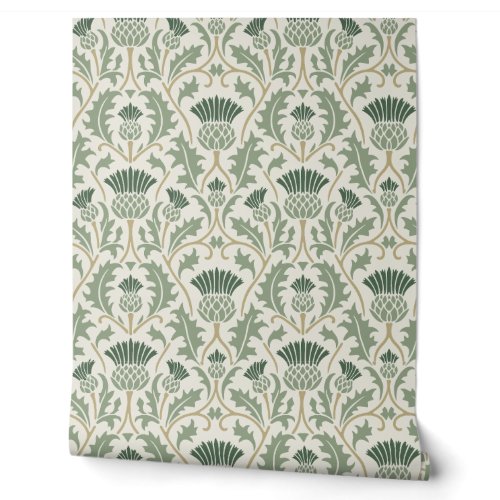 Sage and Forest Green Arts and Crafts Thistle Wallpaper