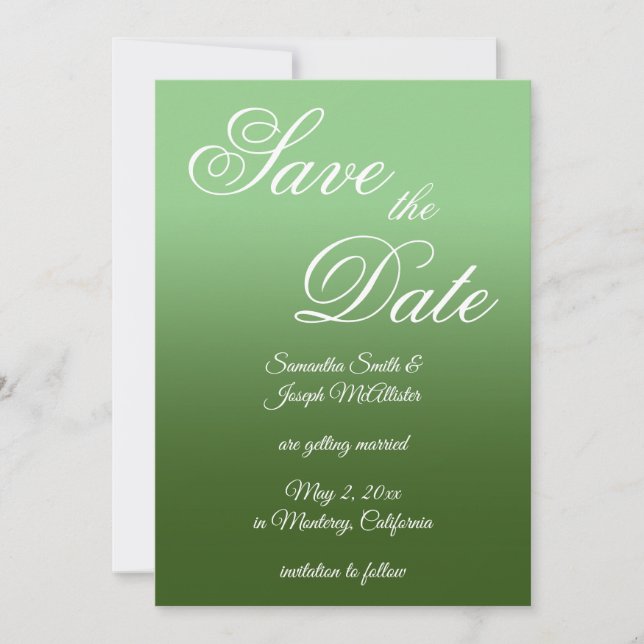 Sage and Forest Green Ombre Fancy Script Save The Date (Front)