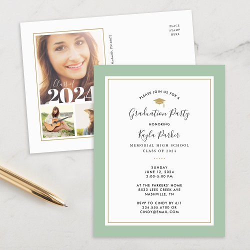 Sage and Gold 3 Photo Graduation Party Invitation