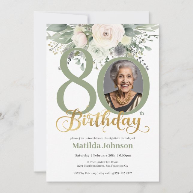 Sage and Gold Floral Photo 80th Birthday  Invitation (Front)