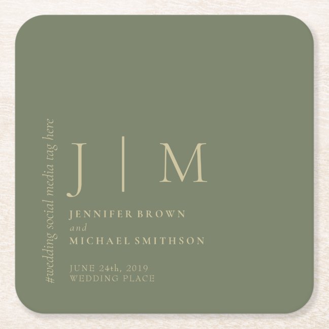 Sage and Gold Formal Simple Elegant Wedding Square Paper Coaster