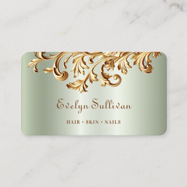 Sage and gold rococo business card (Front)
