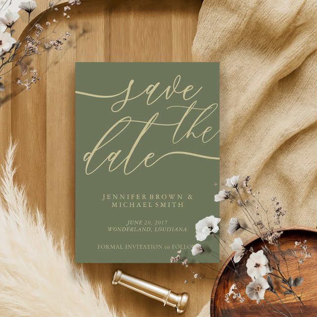 Sage and Gold Wedding Custom Photo Calligraphic Save The Date (Creator Uploaded)