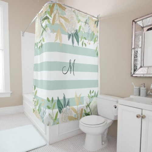 Sage and Ivory  Flowers and Stripes Monogram Shower Curtain