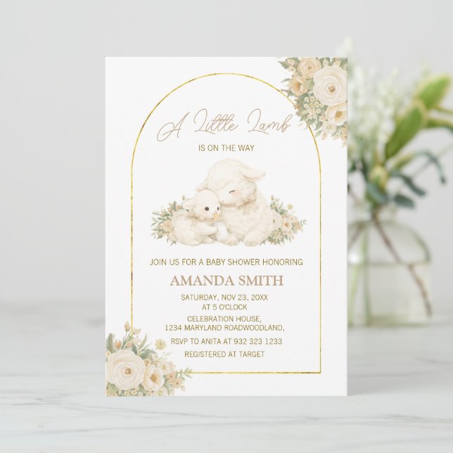 Sage and Ivory Little Lamb Baby Shower Invitation (Standing Front)