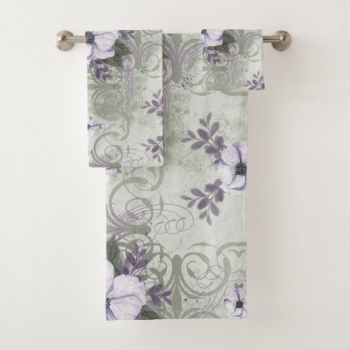 Sage and Lavender Floral Bathroom Towel Set