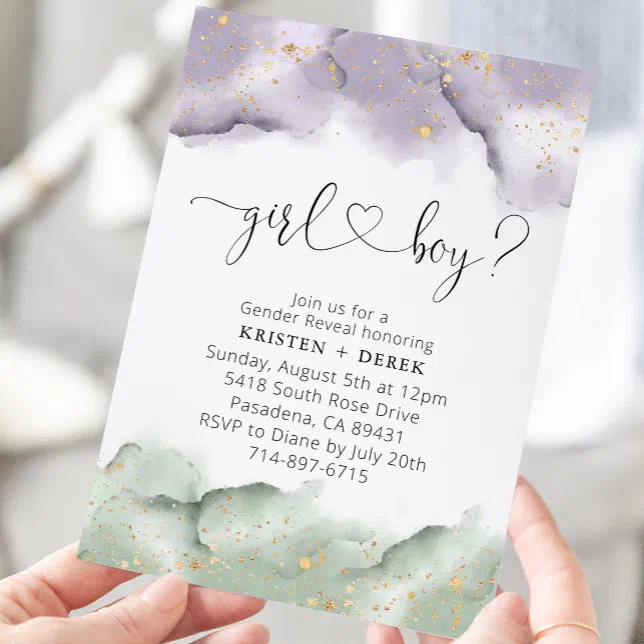 Sage and Lavender Watercolor Gender Reveal Invitation | Zazzle