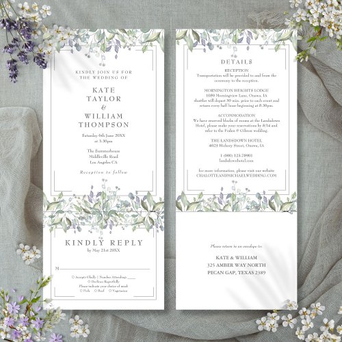 Sage And Lilac Floral All In One Wedding Invitation