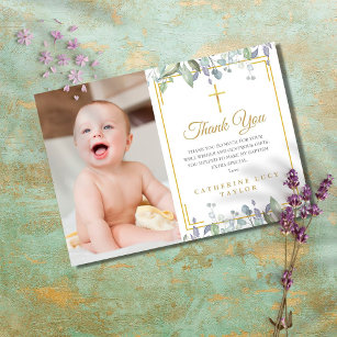 Sage and Lilac Floral Baptism / Christening Photo Thank You Card
