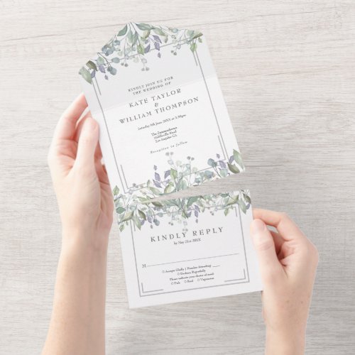 Sage And Lilac Floral Monogram Wedding All In One Invitation