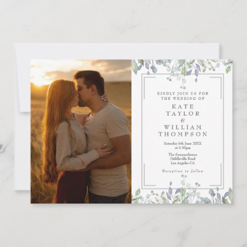Sage And Lilac Floral Photo All In One Wedding Invitation