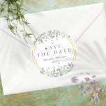 Sage and Lilac Floral Save the Date Favor Classic Round Sticker<br><div class="desc">Pretty sage and lilac leaves tumble over an elegant gold frame enclosing your special save the date set in classic elegant text. Designed by Thisisnotme©</div>
