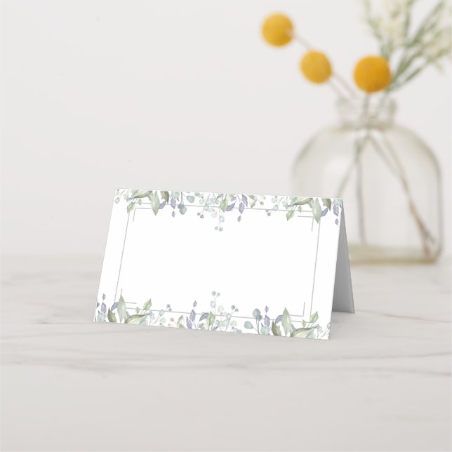 Sage And Lilac Floral Silver Geometric Wedding Place Card (Front)