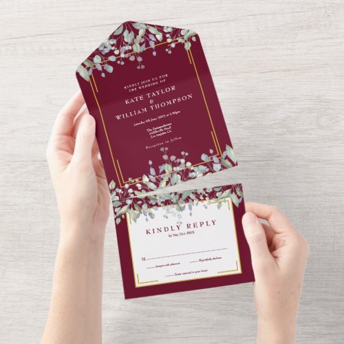 Sage And Lilac Foliage Burgundy Monogram Wedding  All In One Invitation