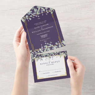 Sage And Lilac Foliage Purple Monogram Wedding All In One Invitation