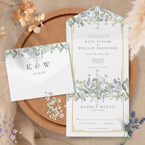 Sage And Lilac Greenery Foliage Monogram Wedding All In One Invitation