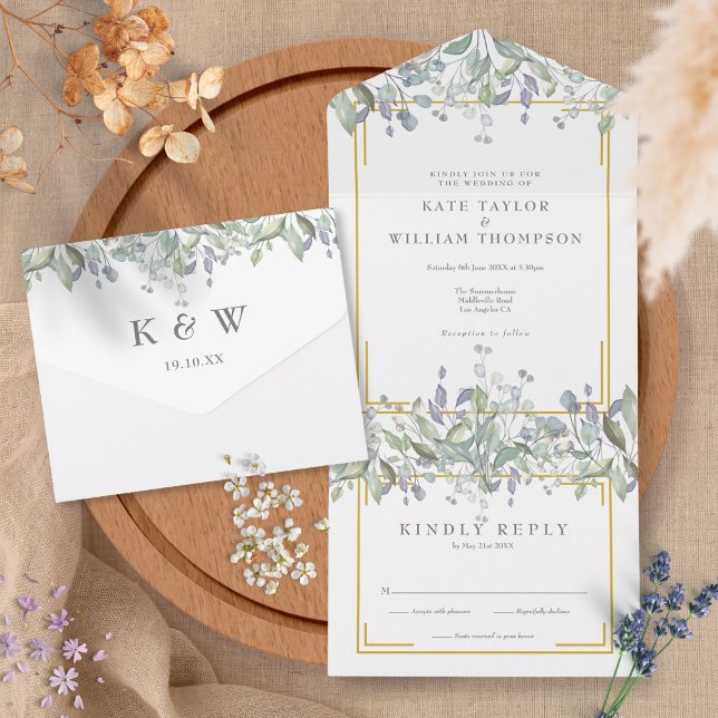 Sage And Lilac Greenery Foliage Monogram Wedding All In One Invitation (Creator Uploaded)