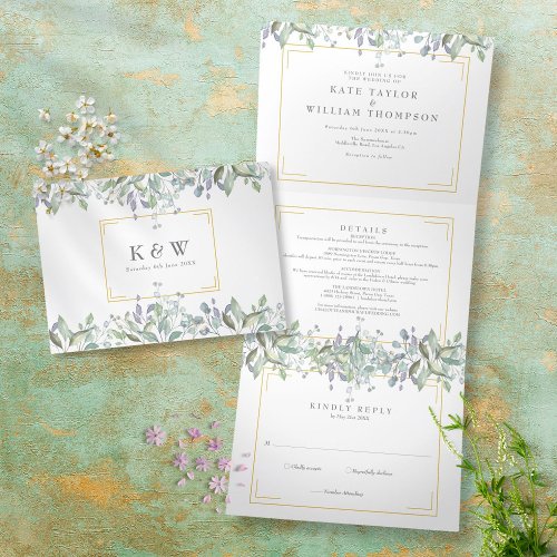 Sage And Lilac Greenery Monogram Photo Wedding Tri_Fold Invitation