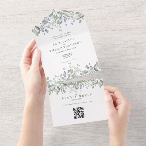 Sage And Lilac Greenery QR Code Monogram Wedding All In One Invitation