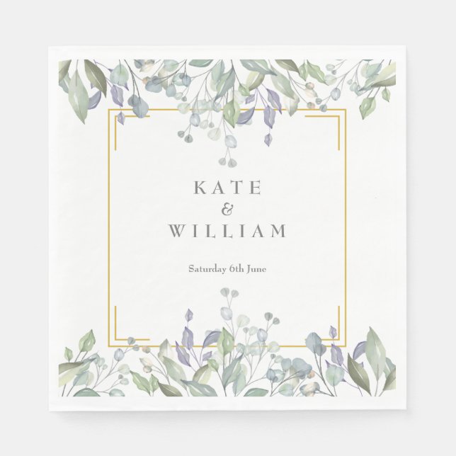 Sage and Lilac Watercolour Floral Wedding Napkins (Front)