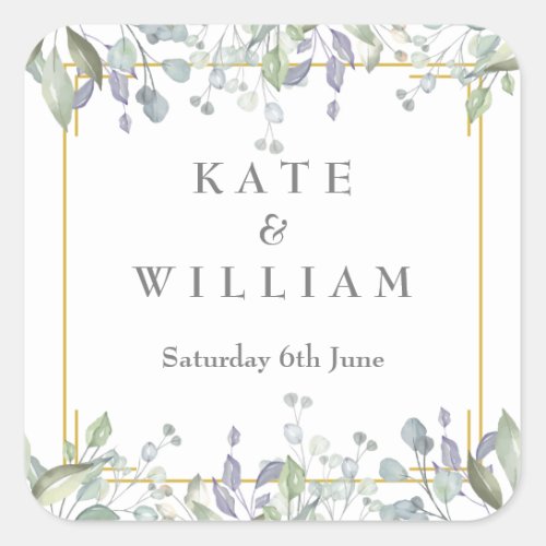 Sage and Lilac Watercolour Floral Wedding Square Sticker