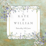 Sage and Lilac Watercolour Floral Wedding Square Sticker<br><div class="desc">Pretty sage and lilac leaves tumble over an elegant gold frame enclosing your names and special date set in classic elegant text. Designed by Thisisnotme©</div>