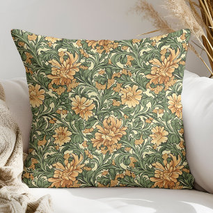 Sage and orange flowers Art nouveau William Morris Throw Pillow