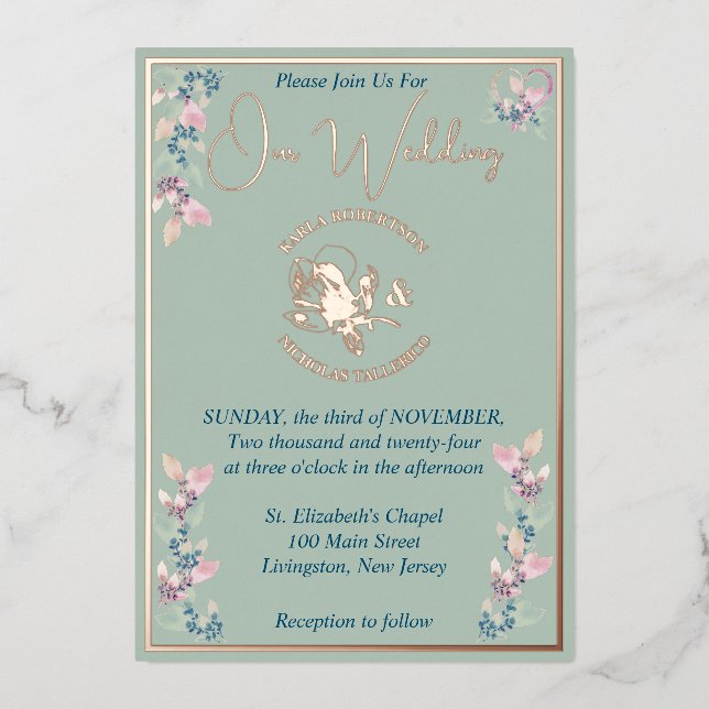 Sage and Pink Floral Wedding Foil Invitation (Front)
