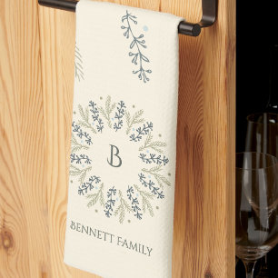Sage and Teal Holiday Wreath Monogram Christmas Kitchen Towel